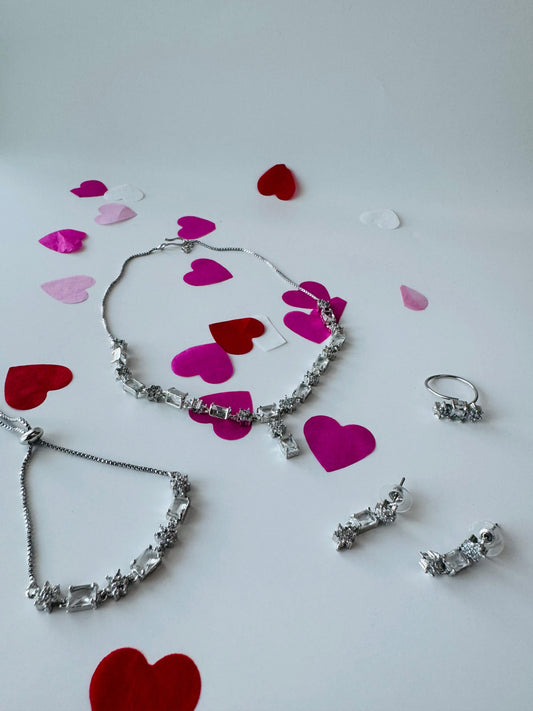 Silver Stainless Steel Emerald-Cut Stone Jewelry Set | Necklace, Earrings, Ring & Bracelet