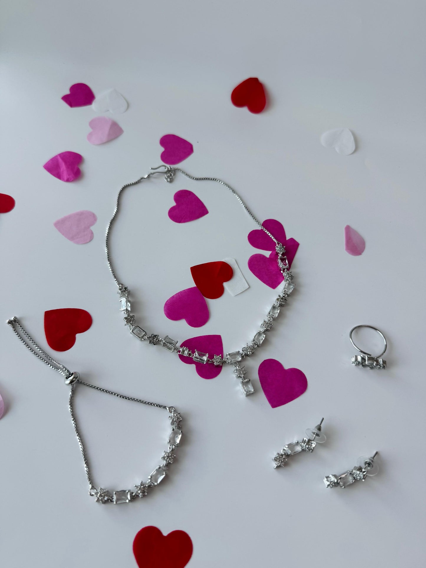 Silver Stainless Steel Emerald-Cut Stone Jewelry Set | Necklace, Earrings, Ring & Bracelet