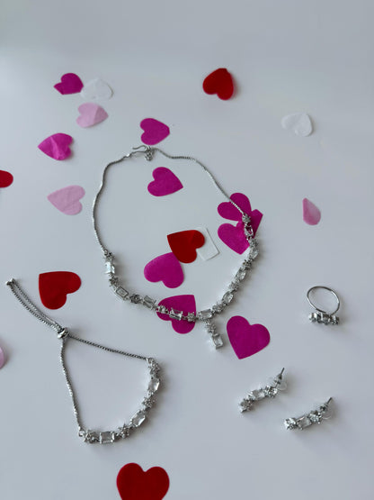 Silver Stainless Steel Emerald-Cut Stone Jewelry Set | Necklace, Earrings, Ring & Bracelet