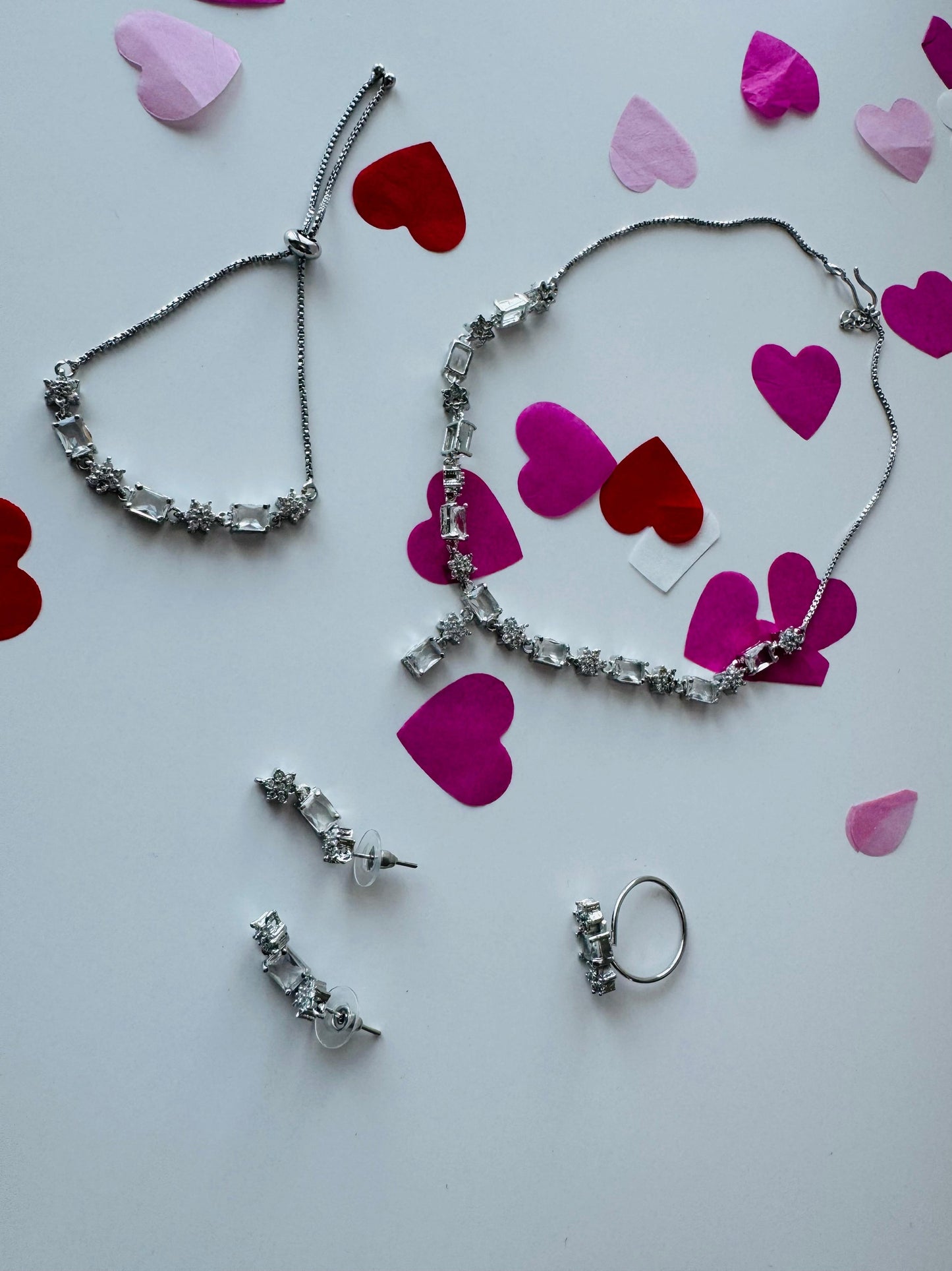 Silver Stainless Steel Emerald-Cut Stone Jewelry Set | Necklace, Earrings, Ring & Bracelet