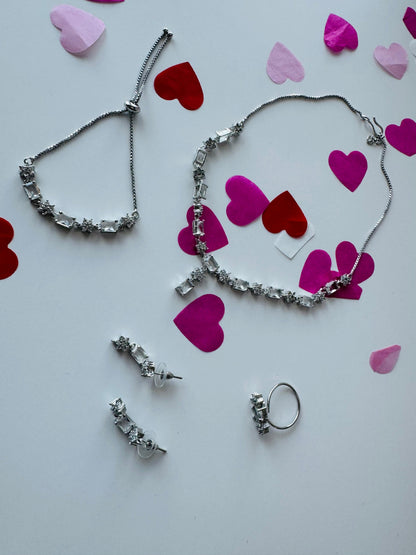 Silver Stainless Steel Emerald-Cut Stone Jewelry Set | Necklace, Earrings, Ring & Bracelet