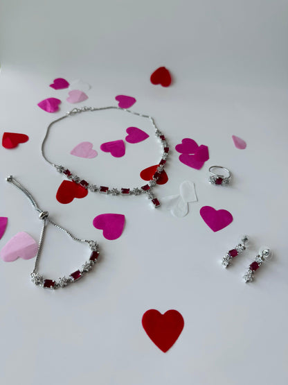 Pink Stainless Steel Emerald-Cut Stone Jewelry Set | Necklace, Earrings, Ring & Bracelet