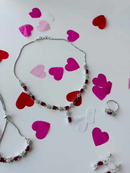 Pink Stainless Steel Emerald-Cut Stone Jewelry Set | Necklace, Earrings, Ring & Bracelet