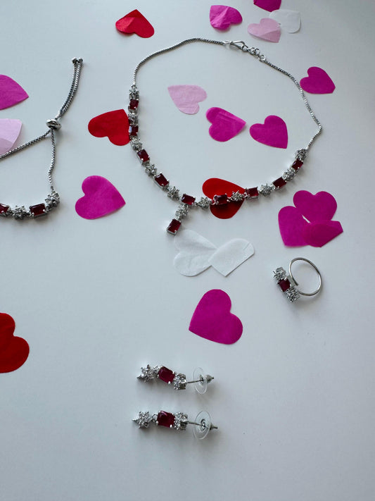 Pink Stainless Steel Emerald-Cut Stone Jewelry Set | Necklace, Earrings, Ring & Bracelet