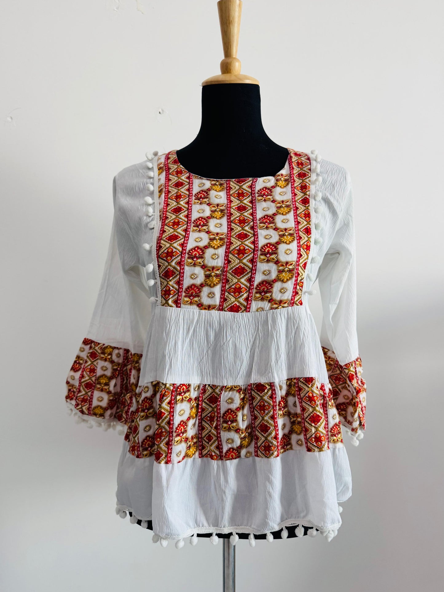 Short Kurti with Traditional Red Printed Neckline | Casual Ethnic Wear