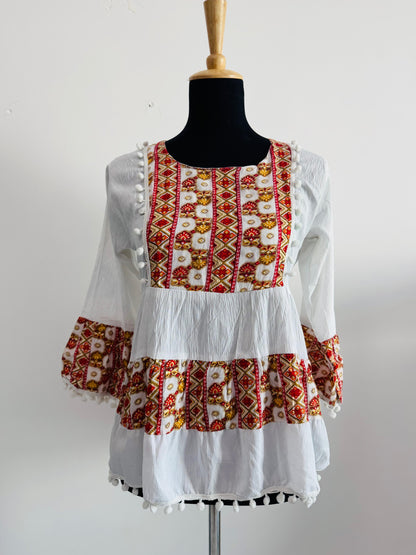 Short Kurti with Traditional Red Printed Neckline | Casual Ethnic Wear