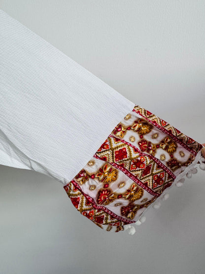 Short Kurti with Traditional Red Printed Neckline | Casual Ethnic Wear