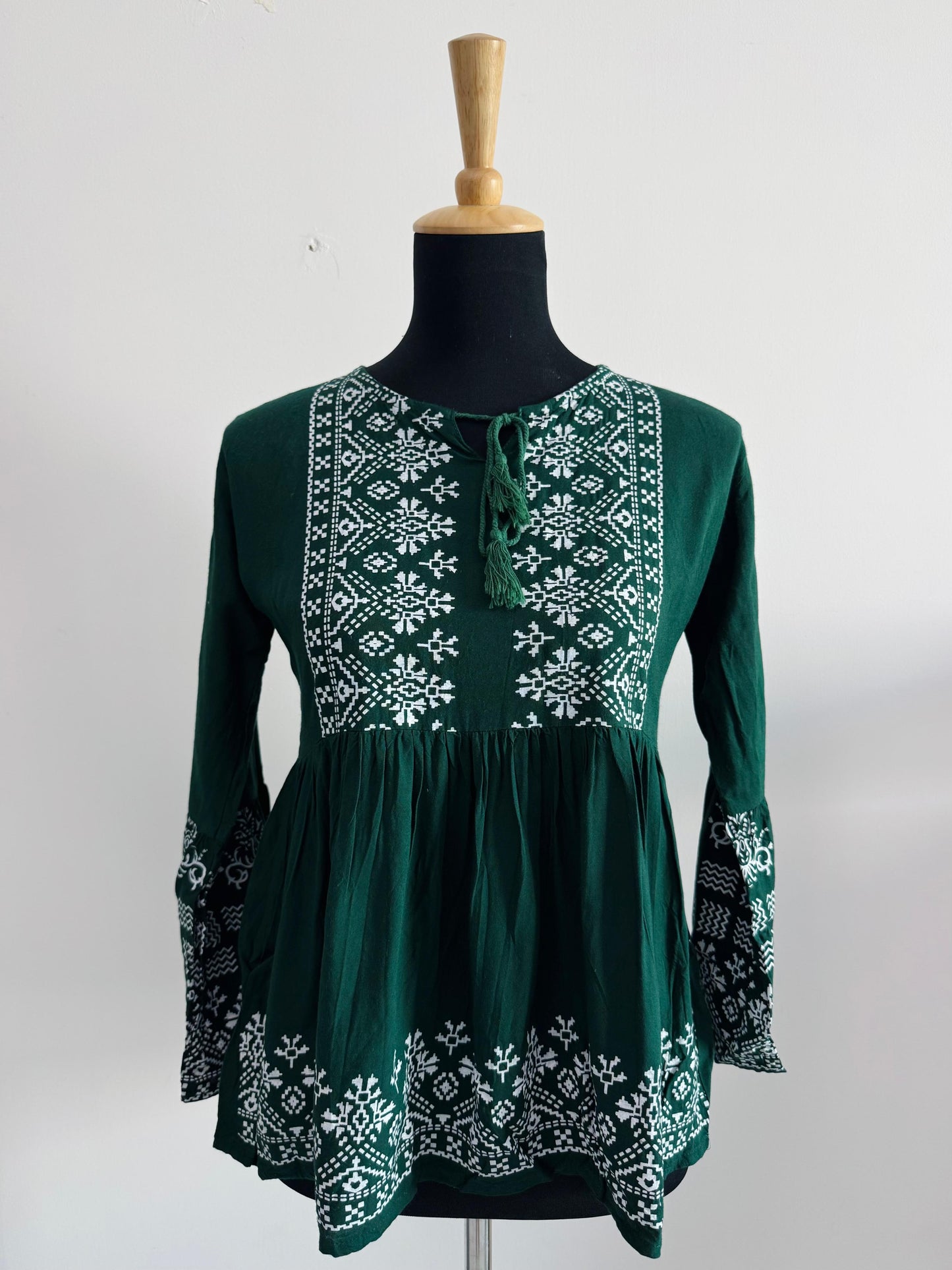 Dark Green Short Kurti with Tie-Up Neckline & White Print | Casual Ethnic Wear