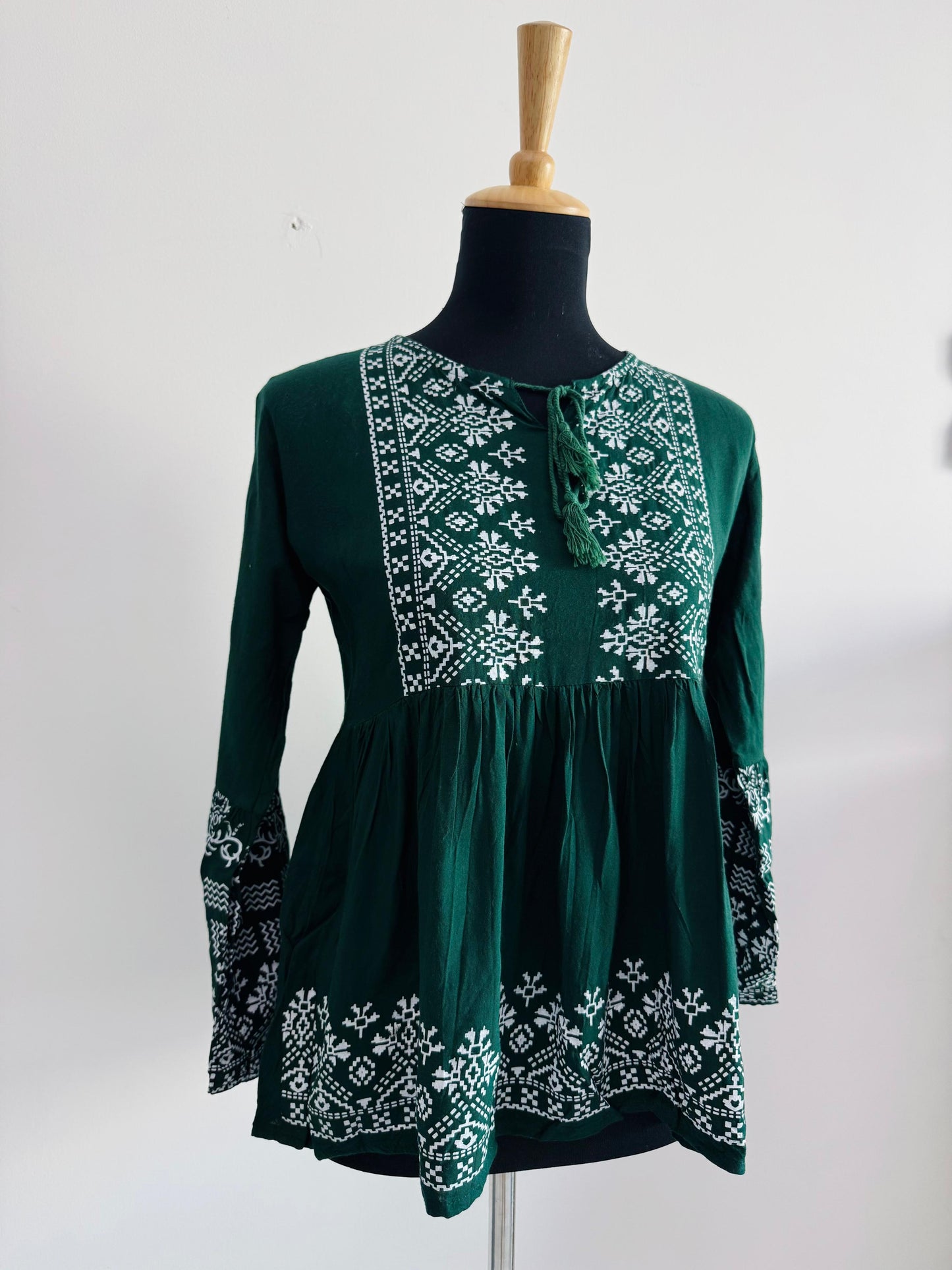 Dark Green Short Kurti with Tie-Up Neckline & White Print | Casual Ethnic Wear