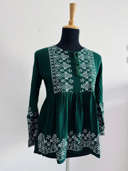 Dark Green Short Kurti with Tie-Up Neckline & White Print | Casual Ethnic Wear