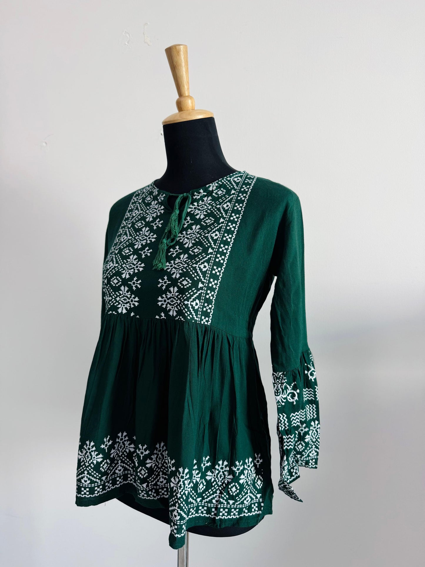 Dark Green Short Kurti with Tie-Up Neckline & White Print | Casual Ethnic Wear