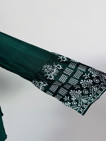 Dark Green Short Kurti with Tie-Up Neckline & White Print | Casual Ethnic Wear