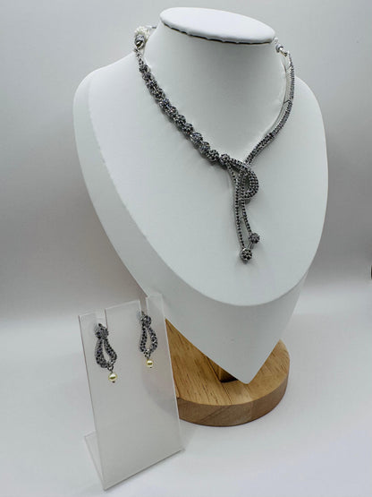 Silver-Toned Crystal Knot Necklace Set – Elegant Necklace & Earring Combo