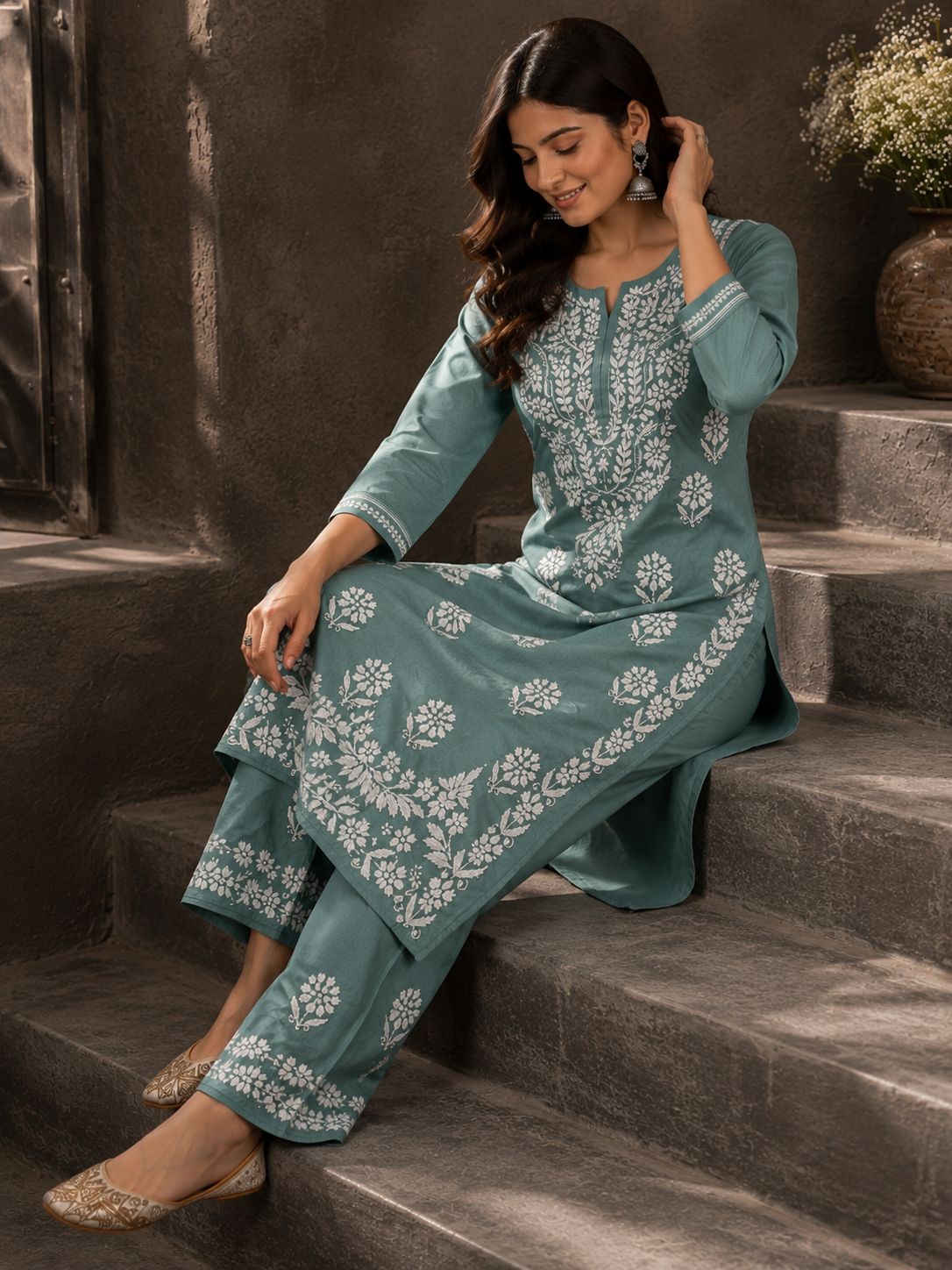 Handmade Chikankari Cotton Kurti & Palazzo Set