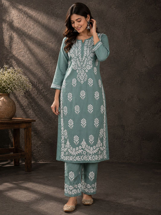 Handmade Chikankari Cotton Kurti & Palazzo Set