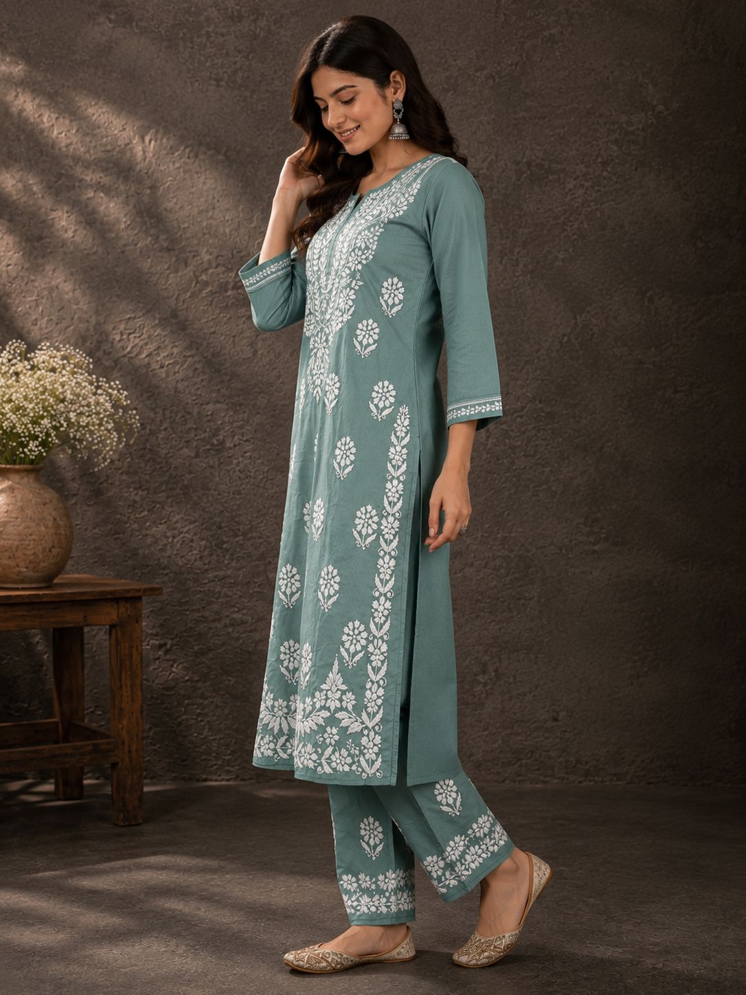 Handmade Chikankari Cotton Kurti & Palazzo Set