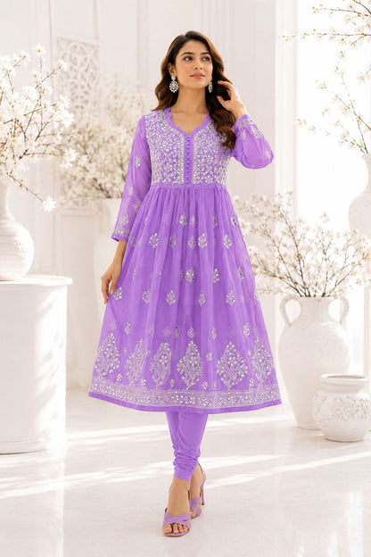 Lavender Georgette Mirror Work Handmade Chikankari Kurti with Cotton Inner