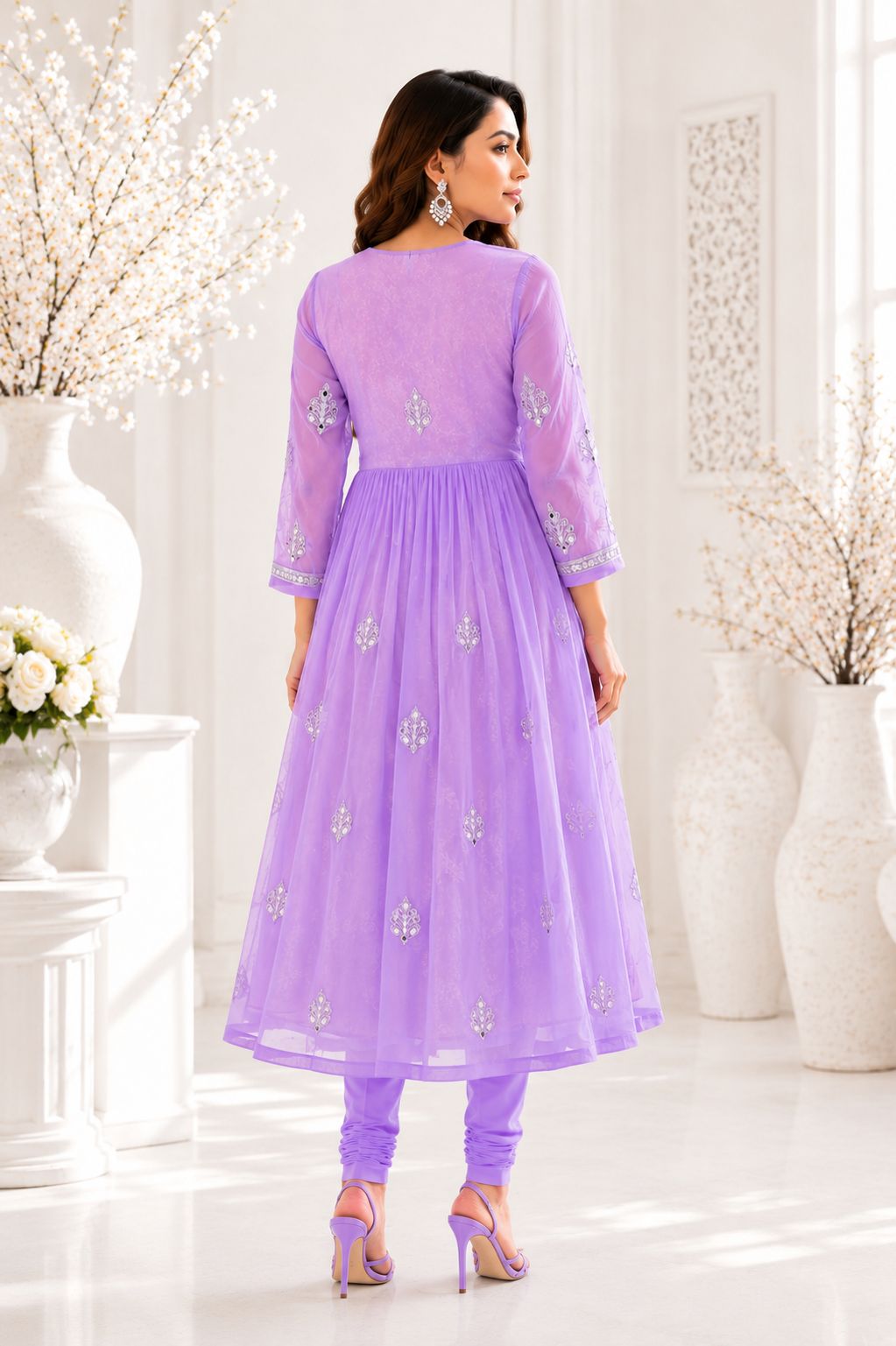 Lavender Georgette Mirror Work Handmade Chikankari Kurti with Cotton Inner