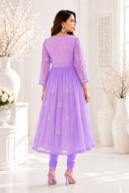 Lavender Georgette Mirror Work Handmade Chikankari Kurti with Cotton Inner