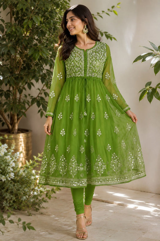 Olive Green Georgette Mirror Work Handmade Chikankari Kurti with Cotton Inner