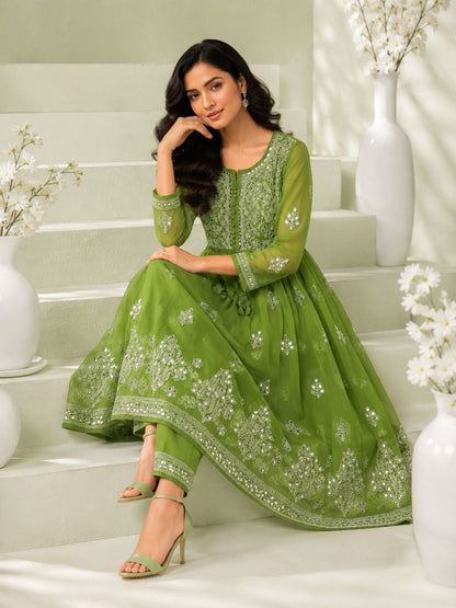 Olive Green Georgette Mirror Work Handmade Chikankari Kurti with Cotton Inner