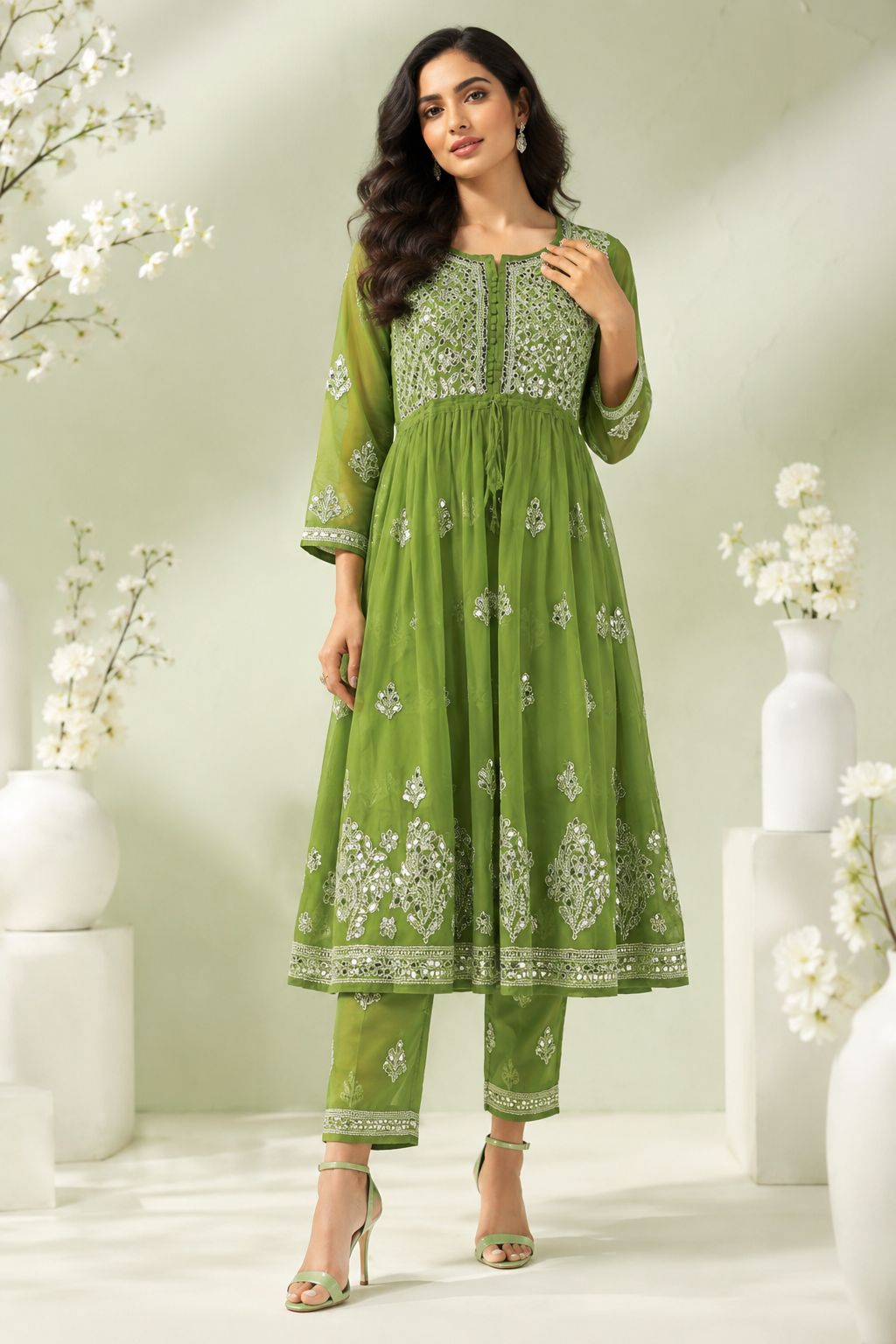 Olive Green Georgette Mirror Work Handmade Chikankari Kurti with Cotton Inner