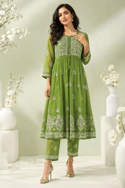 Olive Green Georgette Mirror Work Handmade Chikankari Kurti with Cotton Inner