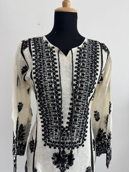 Beige Cotton Coat Set with Black Embroidery