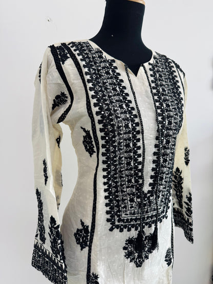 Beige Cotton Coat Set with Black Embroidery