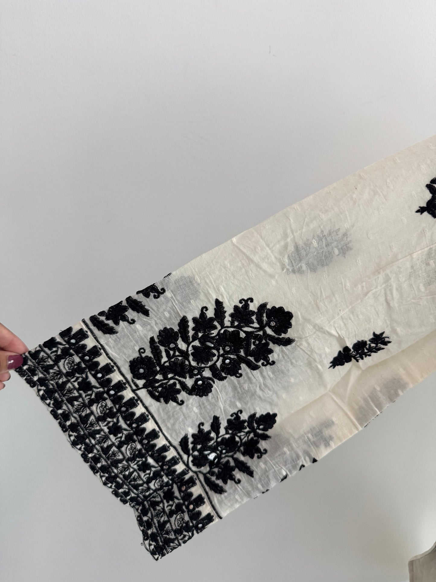 Beige Cotton Coat Set with Black Embroidery