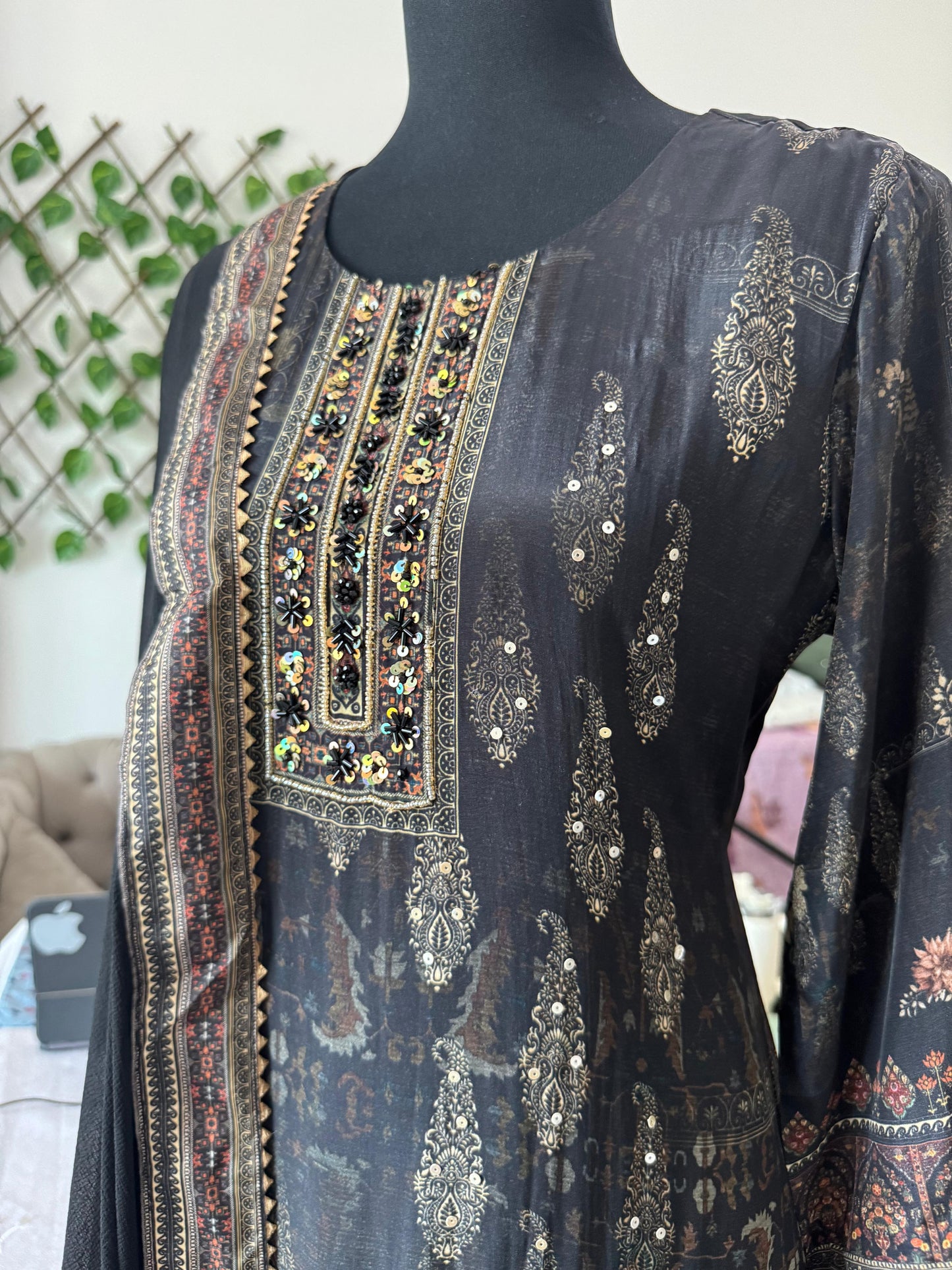 Black Crepe Three-Piece Suit Set with Moti Handwork