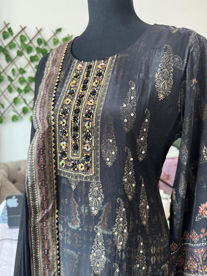 Black Crepe Three-Piece Suit Set with Moti Handwork