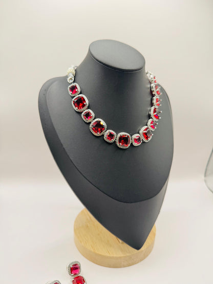 Radiant Ruby-Pink Crystal Necklace & Earrings Set