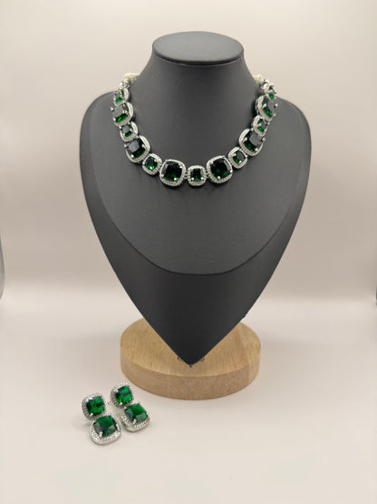 Luxurious Dark Green Crystal Necklace & Earrings Set