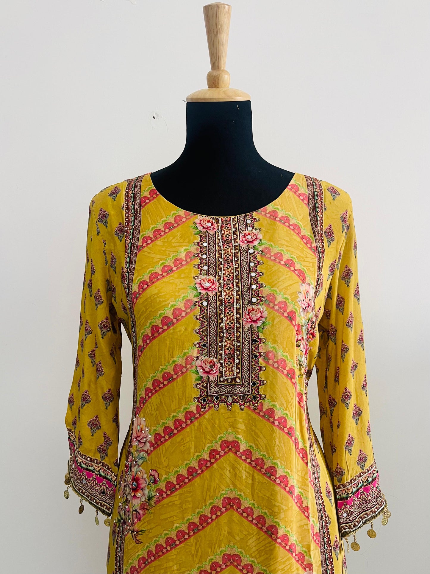 Mustard Printed Suit Set – 3 Piece Crepe Silk Touch