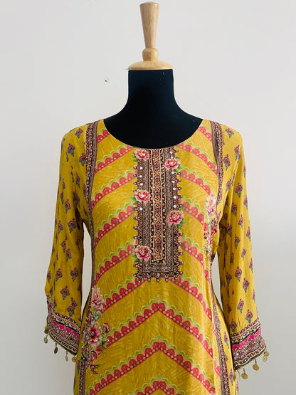 Mustard Printed Suit Set – 3 Piece Crepe Silk Touch