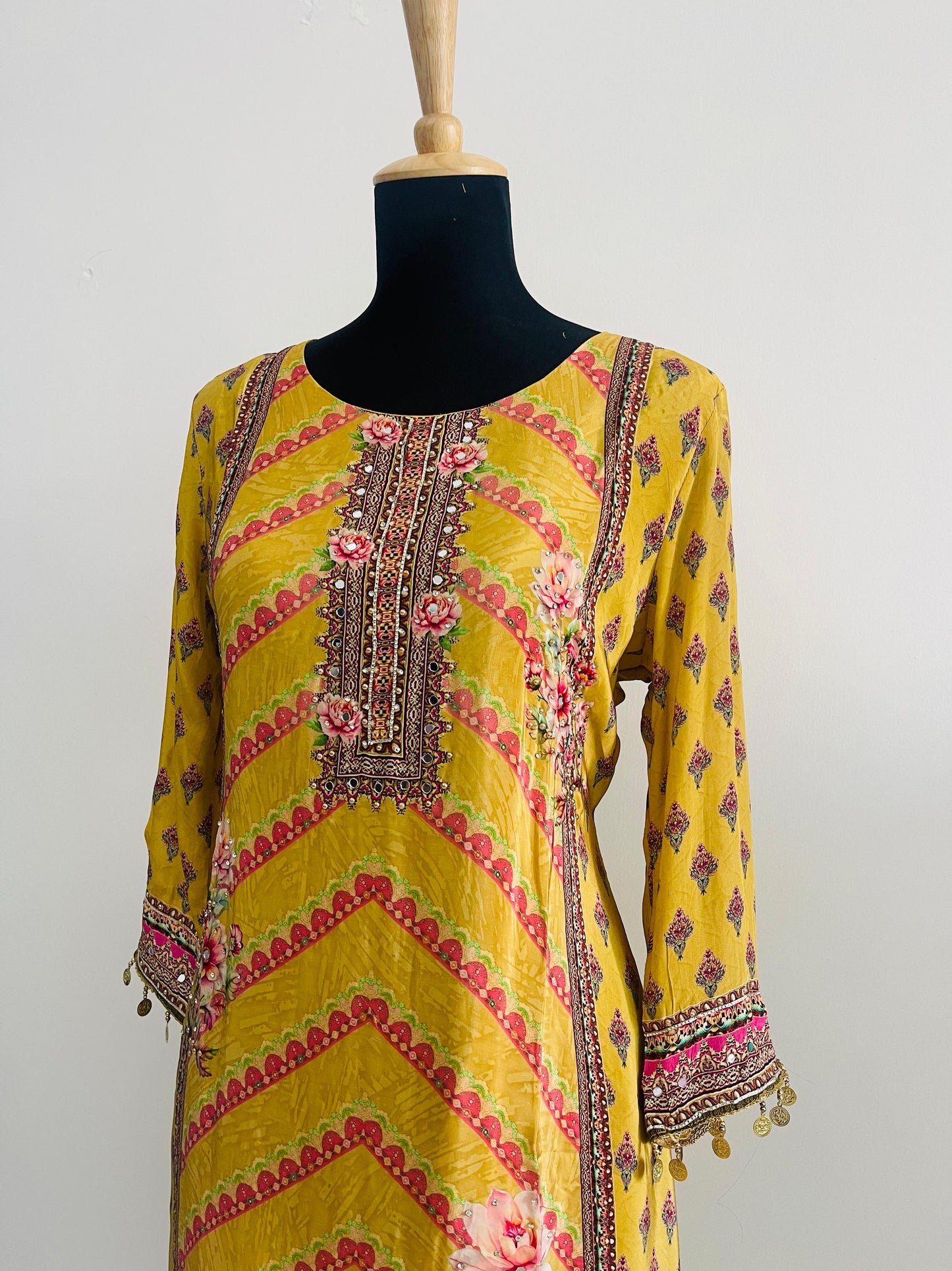 Mustard Printed Suit Set – 3 Piece Crepe Silk Touch