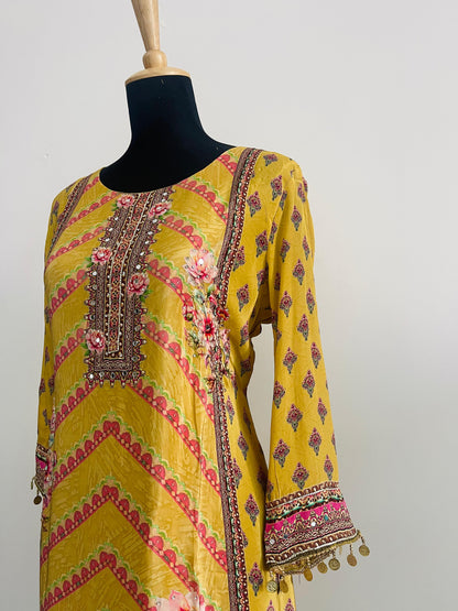 Mustard Printed Suit Set – 3 Piece Crepe Silk Touch