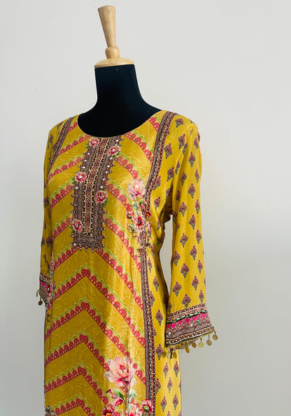 Mustard Printed Suit Set – 3 Piece Crepe Silk Touch