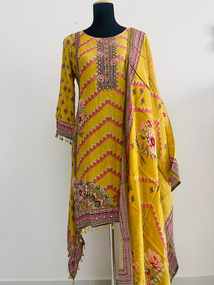 Mustard Printed Suit Set – 3 Piece Crepe Silk Touch