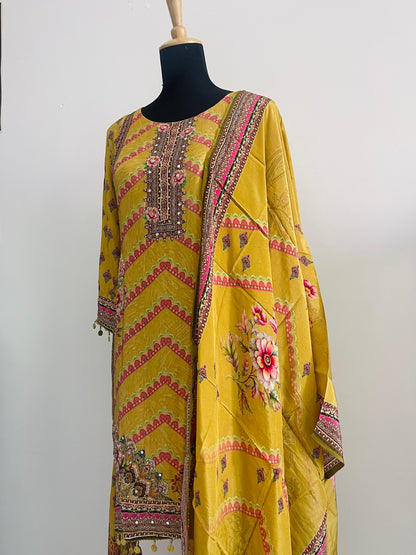 Mustard Printed Suit Set – 3 Piece Crepe Silk Touch