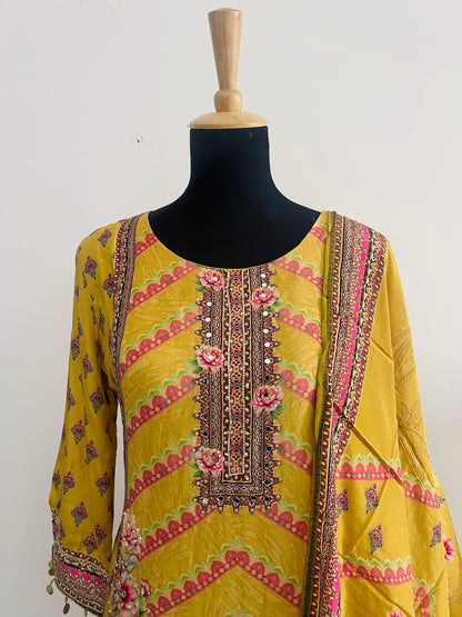 Mustard Printed Suit Set – 3 Piece Crepe Silk Touch