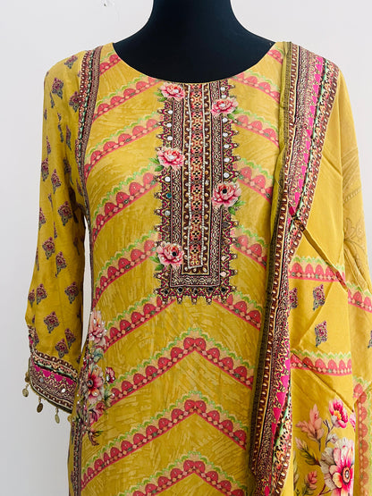 Mustard Printed Suit Set – 3 Piece Crepe Silk Touch