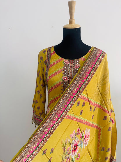 Mustard Printed Suit Set – 3 Piece Crepe Silk Touch