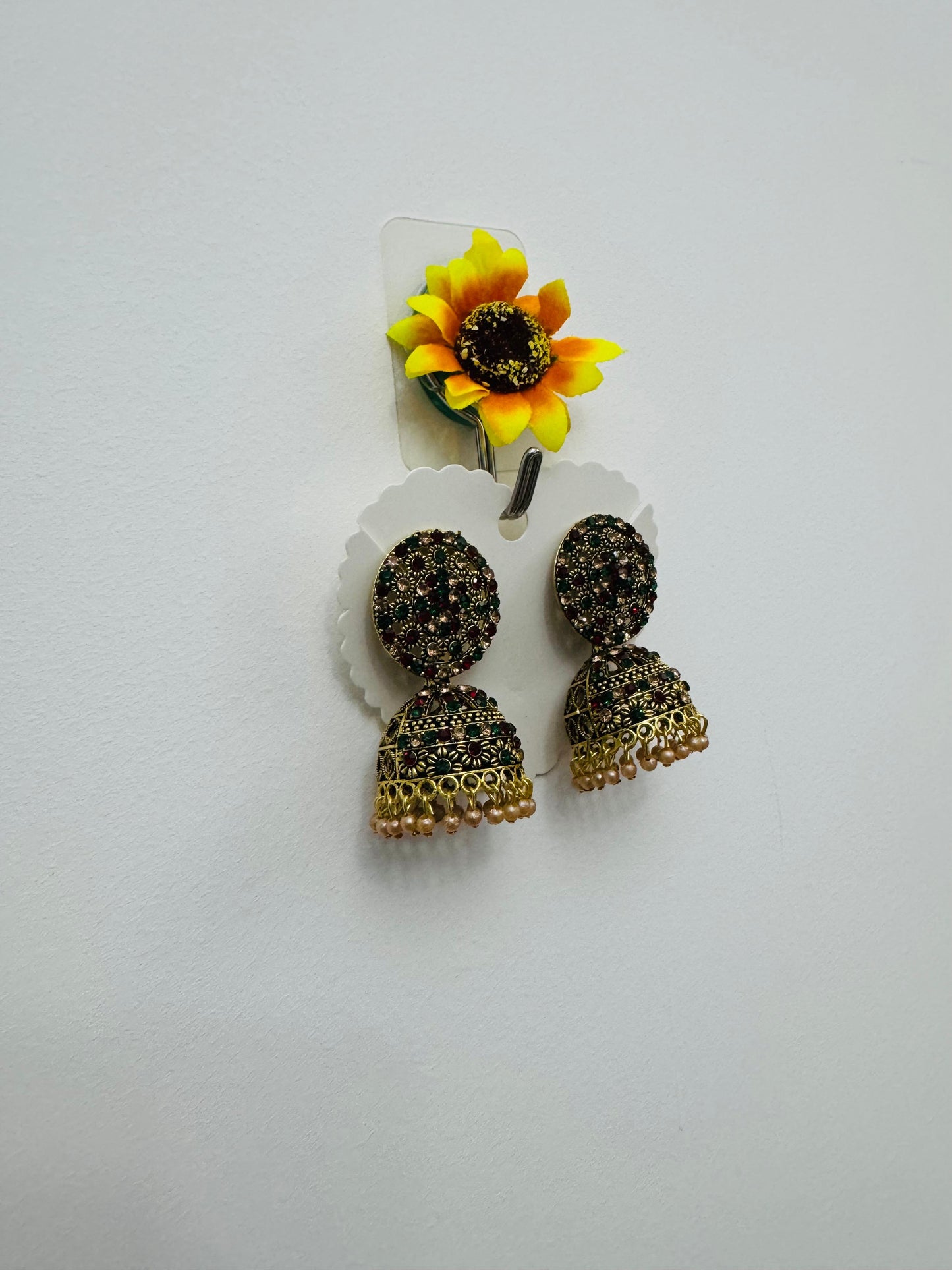 Traditional Jhumka Earrings with Multicolour Stone Detailing