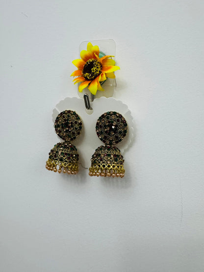 Traditional Jhumka Earrings with Multicolour Stone Detailing