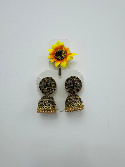 Traditional Jhumka Earrings with Multicolour Stone Detailing