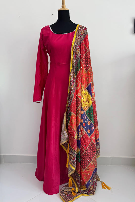 Elegant Ethnic 3-Piece – Satin Top, Fully Stitched Bottom & Mirror-Work Dupatta